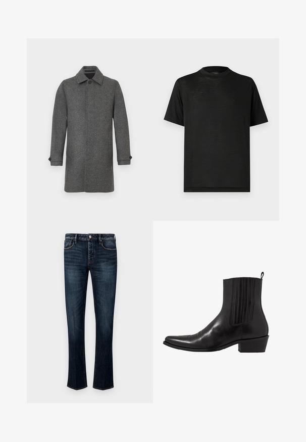 Abrigo gris de lana con tapeta de botones, cuello de pico y mangas largas. Cuenta con botones en los puños y una silueta recta.; Camiseta negra de manga corta con cuello alto, con una textura suave y un brillo sutil, hecha de tela ligera. Sin logotipos visibles.; Jeans de mezclilla azul oscuro con un diseño de pierna recta, que cuentan con un estilo de cinco bolsillos, costuras visibles y un cierre de botón y cremallera.; Bota de cuero negro hasta el tobillo con punta afilada, paneles laterales elásticos, acentos de costura vertical y un tacón bajo y cuadrado.