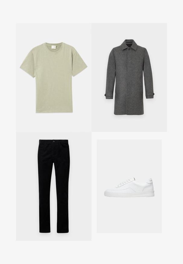 Grauer Wollmantel mit geknöpfter Blende, spitzem Kragen und langen Ärmeln. Mit Manschettenknöpfen und geradem Schnitt.; Hellgrünes T-Shirt mit kurzen Ärmeln und Rundhalsausschnitt, mit einem kleinen gestickten Logo auf der unteren linken Frontseite.; Schwarze Cordhose mit einem geraden Schnitt, ausgestattet mit Fronttaschen und einem metallenen Knopfverschluss. Weicher Stoff mit vertikalen Rippungen.; Weißer Sneaker mit niedrigem Schaft, Schnürdesign, glattem Lederobermaterial und dicker Sohle, von der Seite auf einfachem Hintergrund gezeigt.