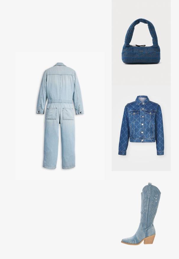 Blaue Jeansjacke mit Rautenmuster, zwei Brusttaschen und Silberknöpfen; cropped Länge und klassisches Kragendesign.; Hellblauer Denim-Overall mit langen Ärmeln, aufgesetzten Taschen vorne und geradem Bein. Mit Kragen und Knopfdetails.; Denim-Cowboy-Stiefel, hellblau, spitz zulaufende Zehenpartie, Ausschnittdetails mit dreieckigen Formen, niedriger, gestapelter Absatz, strukturierte Oberfläche.; Blaues Denim-Handtasche mit einem gepolsterten, gebogenen Griff. Verfügt über ein dezentes braunes Logo-Muster und einen schwarzen Kordelzugverschluss.