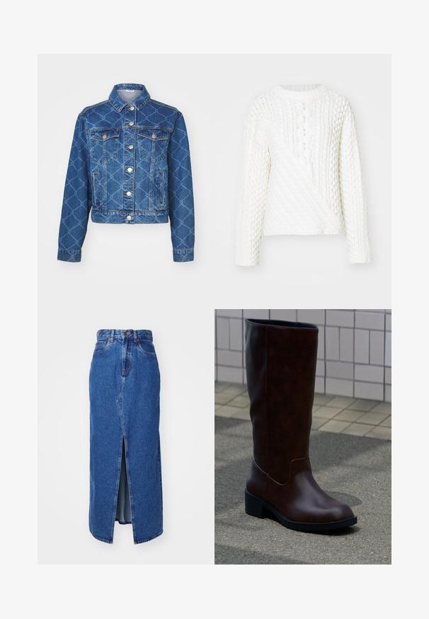 Blaue Jeansjacke mit Rautenmuster, zwei Brusttaschen und Silberknöpfen; cropped Länge und klassisches Kragendesign.; Weiße, gestrickte Sweater mit einem strukturierten Zopfmuster, rundem Ausschnitt und langen Ärmeln. Das Design umfasst einen diagonalen Vorderbereich.; Denim-Maxi-Rock in Mittelblau mit Schlitz vorne, hoher Taille und klassischem Fünf-Taschen-Design. Mit kontrastierenden Nähten und einem Reißverschluss.; Dunkelbrauner Lederstiefel bis zur Mitte der Wade mit abgerundetem Zehenbereich und niedrigem Blockabsatz, der auf einem Gehweg nahe einer gefliesten Wand steht.