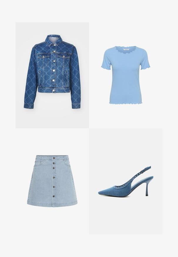 Blå denimjakke med diamantmønster, to brystlommer og sølvknapper; cropped længde og klassisk kravedesign.; Blå ribbet kortærmet top med bølget halsudskæring og kant. Fremstillet af blødt materiale, med en tætsiddende pasform og tekstureret stof.; Lysblå denimnederdel med hvide striber. Har knaplukning foran, to sidelommer og en udvidet kant.; Blå denim spids tå slingback sko med høj hæl, sølv øjendesign og justerbar spænde.