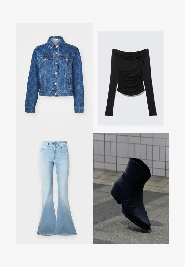 Blå denimjakke med diamantmønster, to brystlommer og sølvknapper; cropped længde og klassisk kravedesign.; Sort langærmet off-shoulder top med rynkede detaljer foran og en tætsiddende silhuet mod en ensfarvet baggrund.; Lyseblå flagrende jeans lavet af denim. Har høj talje med to knapper og let blegning mod kanten. Klassisk fem-lomme design.; Sort læderankelstøvle med lav hæl, dekorative syninger og spids tå, placeret opret på en brolagt overflade ved siden af en flisebelagt væg.
