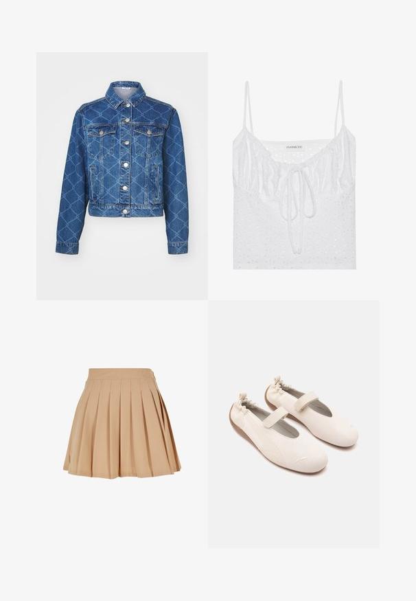 Blauwe denimjas met ruitpatroon, twee borstzakken en zilveren knopen; cropped lengte en klassiek kraagontwerp.; Witte mouwloze top met een geplooide halslijn, strikdetail en een gestructureerd gaatjespatroon in de stof. Merklabel: even&odd.; Beige geplooide minirok met hoge tailleband en subtiele geborduurde logo aan de rechterzijde van de tailleband.; Crèmekleurige balletschoenen met elastische achterkant en enkele band, met een subtiel logo aan de voorkant en bruine zolen.