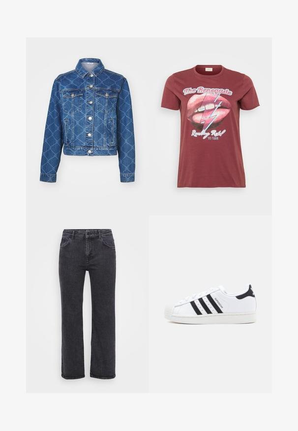 Blå denimjakke med diamantmønster, to brystlommer og sølvknapper; cropped længde og klassisk kravedesign.; Mørkerød t-shirt med korte ærmer, prydet med et grafik af læber og en lynbolt, samt teksten "The Renegade" og "Rocking Ribs '95 Tour".; Sorte denim jeans med lige ben design, fem lommer og knaplukning. Stoffet har en let falmet tekstur og robust syning.; Hvid sneaker med sorte striber, gummiforstærket tå og detaljeret hæl med struktur. Har snørebånd og diskret logo på siden.