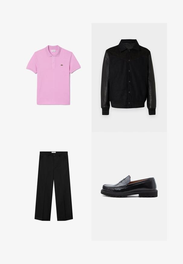 Zwarte jas met een wollen lijf en leren mouwen. Heeft een knoopsluiting aan de voorkant, zijzakken en ribgebreide boorden en zoom. Gladde textuur overal.; Roze polo shirt gemaakt van katoen met een kraag, korte mouwen, een knoopsluiting met drie knopen en het Lacoste krokodillenlogo op de linkerkant van de borst.; Zwarte wijde broekspijpen gemaakt van een glad materiaal, voorzien van zakken aan de voorkant, een knoopsluiting en een vouw in elke pijp.; Zwarte leren penny loafer met chunky rubberen zool en moc-toe stiksel, in profiel weergegeven op een witte achtergrond.