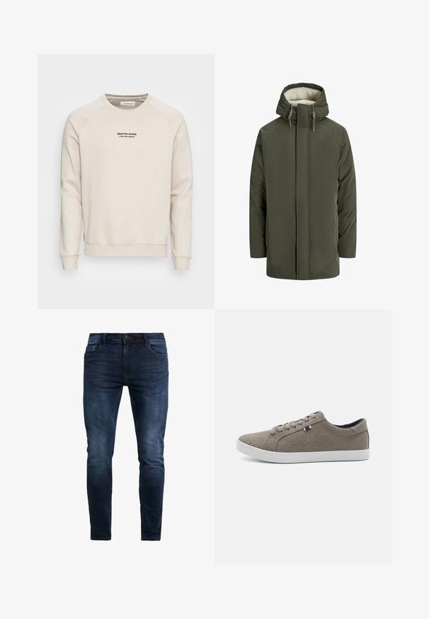 Donkergroene winterjas met capuchon, ritssluiting aan de voorkant en zachte crèmekleurige fleece voering aan de binnenkant van de capuchon.; Crème-kleurige sweatshirt met raglanmouwen, ribgebreide manchetten en zoom. Bevat een zwart tekstlogo aan de voorkant. Zacht, geweven stof.; Donkerblauwe denim jeans met een slim fit, voorzien van stikdetails, een frontknop en vijf zakken vooropslag.; Bruine canvas sneakers met een ronde neus, witte rubberen zool en vijf veterogen. Kenmerkt zich door een kleine driekleurige accent aan de zijkant.
