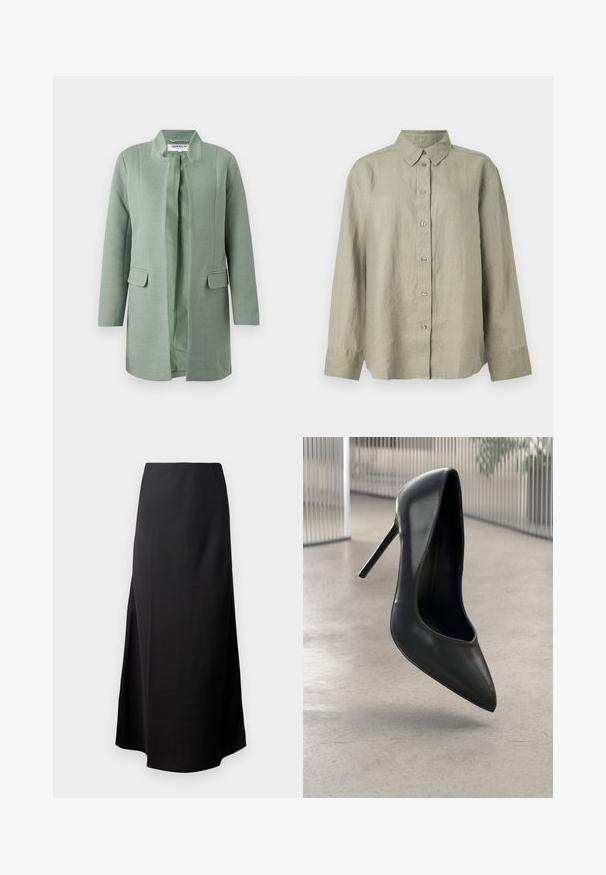 Abrigo largo texturizado verde con patrón de espiga, frente abierto y dos bolsillos delanteros. Presenta un corte recto y mangas largas.; Camisa de lino verde claro, con cuello, mangas largas y una botonadura delantera con seis botones. Textura suave y corte relajado.; Falda midi negra con una textura suave, diseñada con una cintura alta y una abertura lateral, que presenta una silueta simple y sin adornos.; Zapato de tacón alto de cuero negro con punta afilada, diseño elegante y sin herrajes visibles. Textura suave y estilo minimalista.