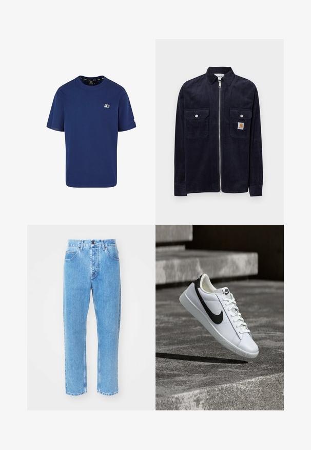 Marineblauwe corduroy jas met een voorrits, twee borstzakken, zilveren drukknoopjes en een klein merklabel op de linkse zak.; Marineblauwe t-shirt van katoen; korte mouwen; ronde hals; voorzien van een klein logo op de linkerborst en een accent op de mouw.; Lichtblauwe denim jeans hebben een rechte pijpdesign, vijf zakken en een klassiek knoopsluiting bij de taille.; Witte leren Nike sneaker met zwarte swoosh, veters gestrikt, zwevend boven getextureerde grijze betonnen trappen.