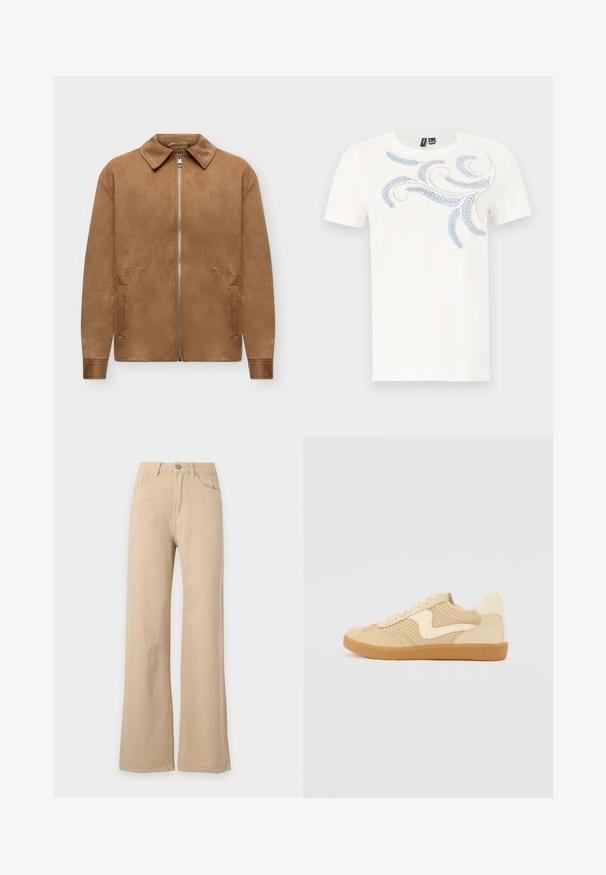 Veste en daim marron avec une fermeture éclair à l'avant, deux poches latérales, manches longues et col pointu, présentée sur un fond blanc uni.; T-shirt blanc à manches courtes avec col rond et motif brodé feuille et spirale bleu clair sur le haut de la poitrine et l'épaule.; Pantalon beige taille haute, jambes larges, fermeture à boutons devant, poches avant et arrière, présenté sur fond blanc.; Sneaker beige avec des matériaux en daim et en maille, forme arrondie, col rembourré proéminent et semelle en caoutchouc gomme. Présente un accent de design en forme de vague.