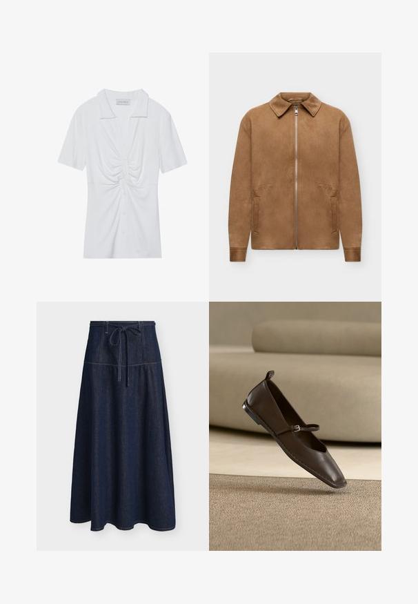 Brun ruskindjakke med lynlås foran, to sidelommer, lange ærmer og en spids krave, vist på en ensfarvet hvid baggrund.; Hvid kortærmet blouse med krave, der har en snoet knude detalje foran og en knaplukning. Glat ribbet tekstur.; Mørkeblå denim A-formet nederdel med topstitching og et bindebælte foran i taljen, vist mod en ensfarvet baggrund.; Mørkebrune læder Mary Jane flade sko med en lille spænde, placeret opret på et beige tæppe foran en lysefarvet sofa.