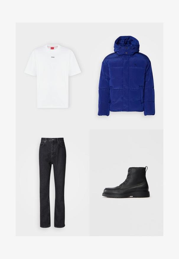 Blauer Puffer-Jacke mit hohem Kragen und verstellbarem Kapuze. Verfügt über ein gestepptes Design und dezente Markenkennzeichnung auf der Brust. Weicher, strukturierter Stoff.; Weißes T-Shirt mit kurzen Ärmeln und kleinem schwarzem "HUGO" Logo mittig auf der Brust und einem roten Etikett innen im Kragen.; Hochtaillierte schwarze Jeans aus Denim mit Knopf- und Reißverschluss, Vorder- und Hintertaschen sowie einer geraden Passform.; Schwarze strukturierte Leder-Schnürstiefelette mit dicker Sohle und Zuglasche hinten, Seitenansicht.