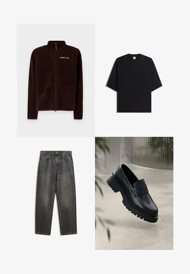 Veste en polaire marron avec col haut, fermeture éclair sur toute la longueur à l'avant et logo discret sur la poitrine. Tissu doux et texturé avec une coupe ajustée.; T-shirt noir surdimensionné à col rond avec manches courtes, vue à plat sur fond blanc, étiquette Bershka visible à l'intérieur du col.; Jean en denim noir avec une coupe décontractée, comportant cinq poches, une fermeture à bouton et un léger délavage sur la texture du tissu.; Mocassins en cuir noir avec une semelle à crampons épaisse, dotés d'une sangle décorative et de détails de couture. Texture lisse avec une finition polie.
