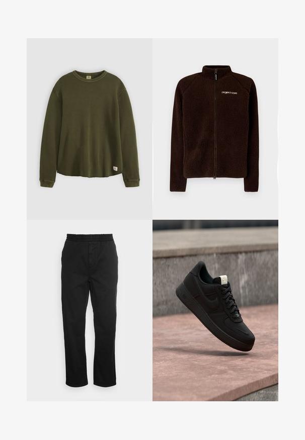 Ruskea fleece-takki, jossa on korkea kaulus, täyspitkä vetoketju ja hienovarainen logo rinnassa. Pehmeä, teksturoitu kangas, joka istuu tiiviisti.; Vihreä oliivinvärinen pitkähihainen neuletakki, jossa on teksturoitu, ribbausrakenne, pyöreä kaula-aukko, rento malli ja pieni merkkilappu alahelassa.; Mustat puuvillaiset housut, joissa on joustava vyötärönauha, suorat lahkeet ja sivutaskut. Sileä pinta ilman kuvioita tai korostuksia.; Musta Nike Air Force 1 -lenkkari, joka leijuu vaaleanpunaisen betonireunuksen yläpuolella harmaan kiven taustalla ja näyttää sivu- ja yläpuolen yksityiskohtia.