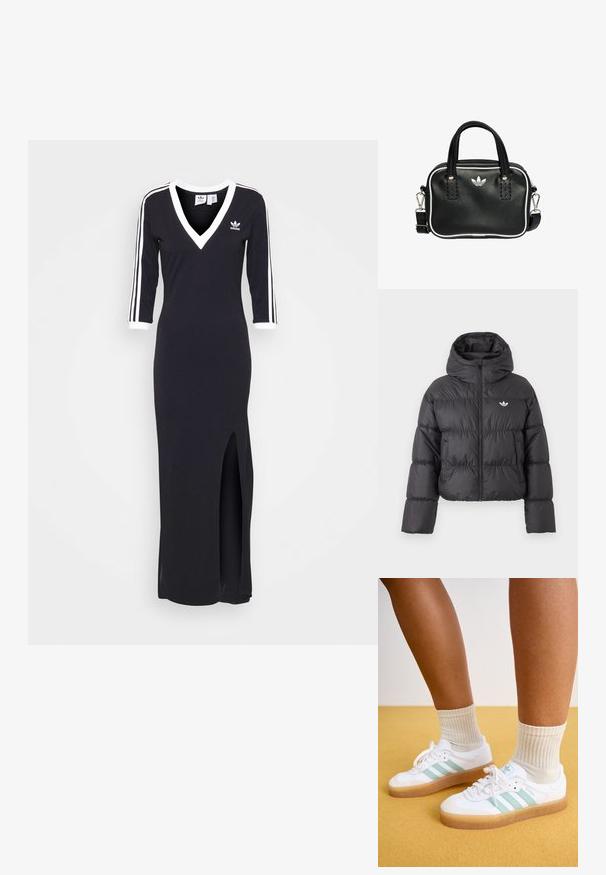 Schwarze kurz geschnittene Daunenjacke mit hohem Kragen, Frontreißverschluss, zwei Seitentaschen und weißem Adidas-Trefoil-Logo auf der Brust.; Schwarzes Langarmkleid mit V-Ausschnitt, weißen Streifen entlang der Ärmel und einem seitlichen Schlitz. Aus weichem Stoff gefertigt, mit einem kleinen Logo auf der Brust.; Weiße Sneaker mit mintgrünen Streifen, Gummisohle und Schnürsenkeln, kombiniert mit gerippten cremefarbenen Socken. Vor einem gelben Hintergrund.; Schwarze Lederhandtasche mit zwei kurzen Griffen, silbernem Zubehör, weißen Akzenten und einem weißen Logo. Verfügt über eine strukturierte Oberfläche und ein kompaktes Design.