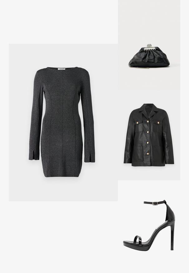 Veste en cuir noire avec boutons dorés, deux poches à rabat sur la poitrine, deux poches plaquées inférieures, et un col cranté.; Robe tricotée noire à manches longues, avec des fentes latérales, un col rond et des coutures pour un silhouette cintrée.; Steve Madden MILANO - Sandales à talons hauts - black; Pochette en cuir noir avec un design froncé, fermoir en métal argenté, et une bandoulière chaîne. Branding subtil embossé à l'avant.