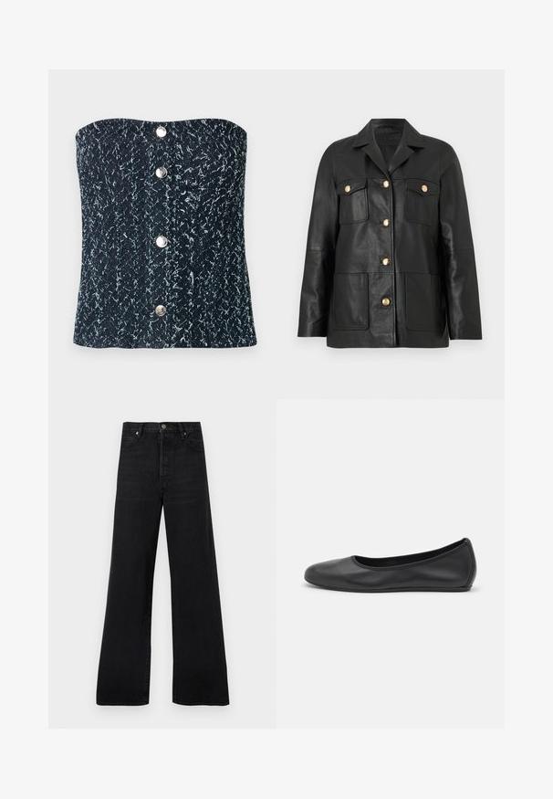 Veste en cuir noire avec boutons dorés, deux poches à rabat sur la poitrine, deux poches plaquées inférieures, et un col cranté.; Corset sans bretelles en tissu texturé noir et gris avec quatre boutons-pression argentés alignés au centre devant.; Jean noir à jambes larges en denim, avec une taille haute, un design à cinq poches et une fermeture par bouton, présentant une texture légèrement délavée.; Ballerines en cuir noir avec un bout rond, texture lisse, détails de couture minimalistes et design de semelle flexible.