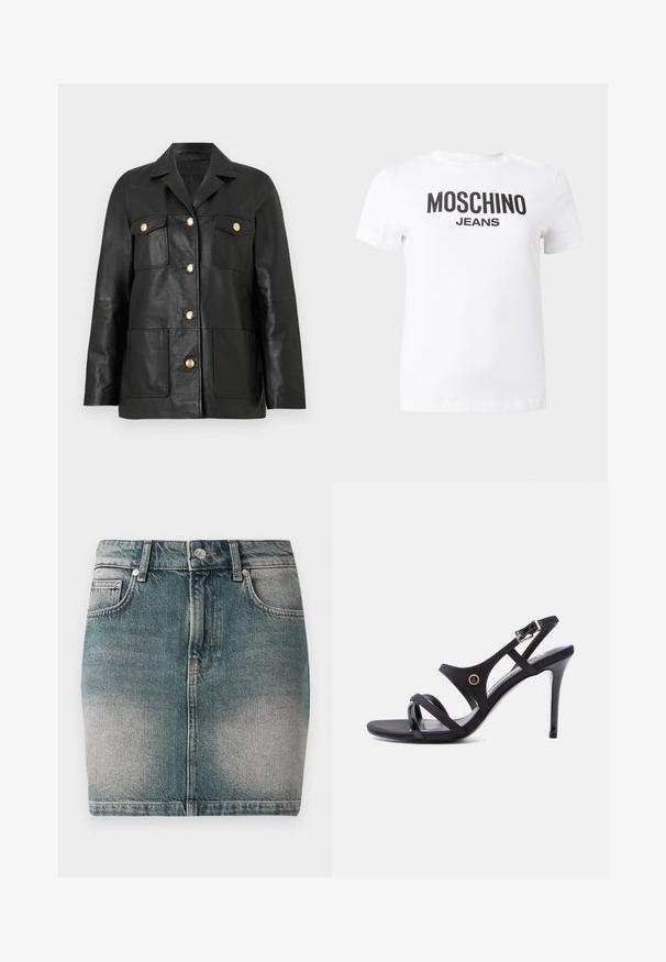 Sort læderjakke med guldknapper, to brystlommer med klap, to nederste påsyede lommer og en hakket krave.; Hvid t-shirt med korte ærmer og sort tekst "MOSCHINO JEANS" trykt hen over brystet, vist på en ensfarvet baggrund.; Blå denim mini nederdel med frontknap og lynlås, to forlommer og falmede detaljer på lårene.; Sort højhælet sandal med tynde stropper, en anklespænde og en slank stiletthæl på hvid baggrund.