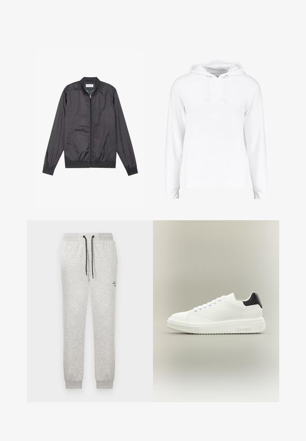 Μαύρο bomber jacket φτιαγμένο από ελαφρύ, λείο υλικό, με κλείσιμο φερμουάρ, ριμπ λαιμό και μανίκια, και ριμπ στρίφωμα; διαθέτει πλαϊνές τσέπες.; Λευκή κουκούλα φτιαγμένη από μαλακό υλικό, με καγκουρό τσέπη, κορδόνια στο λαιμό και ριμπ μανσέτες και στρίφωμα. Λείο υφάσμα.; Ανοιχτόγκρι φόρμα με μαύρα κορδόνια, ελαστική μέση, μανσέτες στους αστραγάλους και μικρό μαύρο κείμενο στο πάνω μέρος του μηρού.; Άσπρο χαμηλό sneaker με παχιά σόλα, κλείσιμο με κορδόνια μπροστά και μαύρη λουρίδα στη φτέρνα, με σήμανση "Steve Madden" στη πλευρική σόλα.
