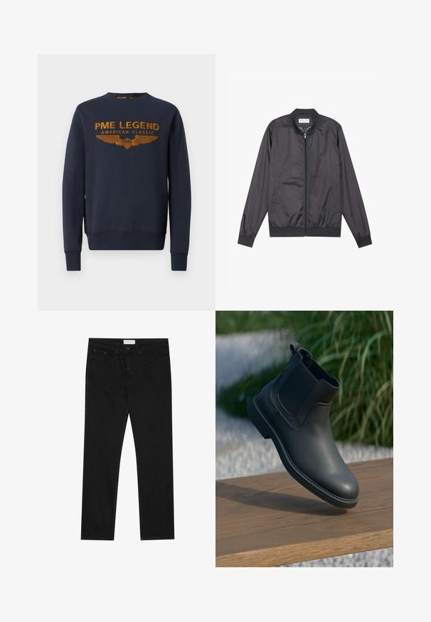 Sort bomberjakke lavet af let, glat materiale med lynlåslukning, ribbet krave, manchetter og kant; har sidelommer.; Mørkeblå sweatshirt lavet af bomuld, med et gyldent trykt logo med vinger. Rund hals, lange ærmer, ribbede manchetter og kant.; Sorte lige ben jeans med fem-lomme design, knap- og lynlåslukning samt et Pier One mærkeetiket på taljen.; Sort læder ankelstøvle med elastiske sidepaneler, strukturerede accenter og en gummisål; udstillingen inkluderer en træoverflade og grønne planter.