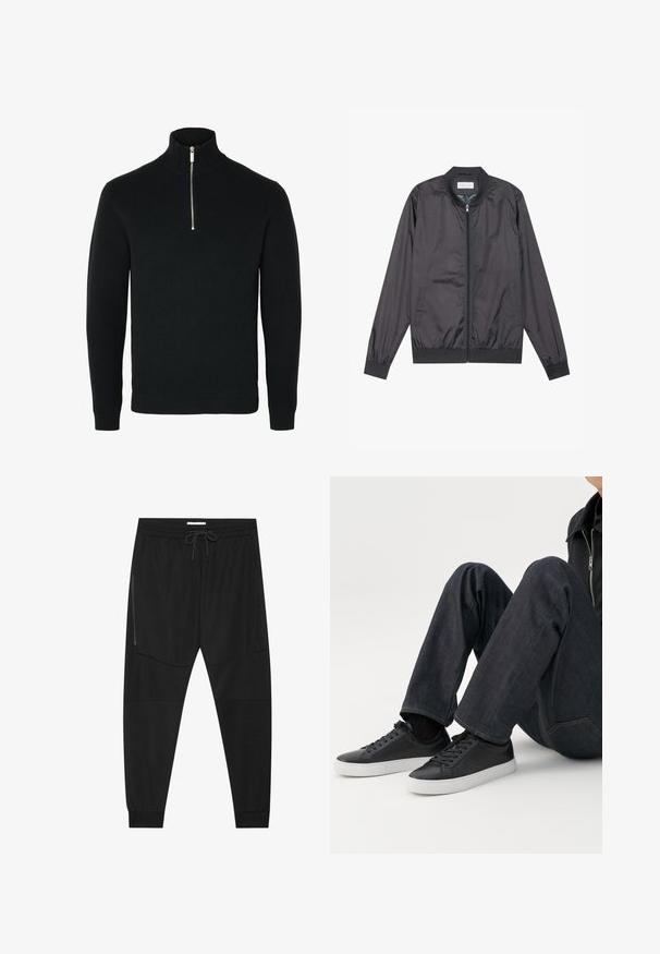 Veste bomber noire en matériau léger et lisse avec fermeture éclair, col, poignets et ourlet côtelés ; elle dispose de poches latérales.; Pull en maille noir à manches longues avec un col haut côtelé et une demi-fermeture éclair argentée au centre devant.; Pantalons de sport noirs en tissu texturé, dotés d'une taille réglable, d'une poche latérale zippée et de chevrons resserrés.; Personne assise avec les jambes pliées, portant un jean bleu foncé et des baskets basses noires avec des semelles blanches sur fond blanc.
