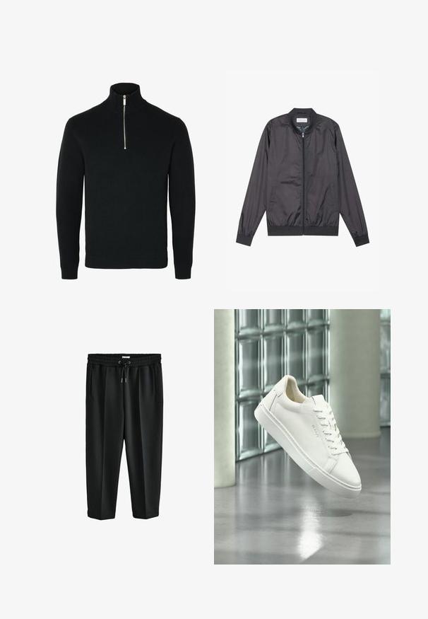 Schwarze Bomberjacke aus leichtem, glattem Material mit Reißverschluss, geripptem Kragen, Bündchen und Saum; bietet Seitentaschen.; Schwarzer langärmeliger Strickpullover mit einem gerippten hohen Kragen und einem silberfarbenen Halbreißverschluss in der vorderen Mitte.; Schwarze Sporthosen mit einem elastischen Bund, Kordelzug, zwei Seitentaschen und einer lockeren Passform für Komfort. Glatte Stofftextur.; Weißer Low-Top-Sneaker mit Schnürsenkeln, der über einem reflektierenden Betonboden vor einer Wand aus Glasbausteinen schwebt.