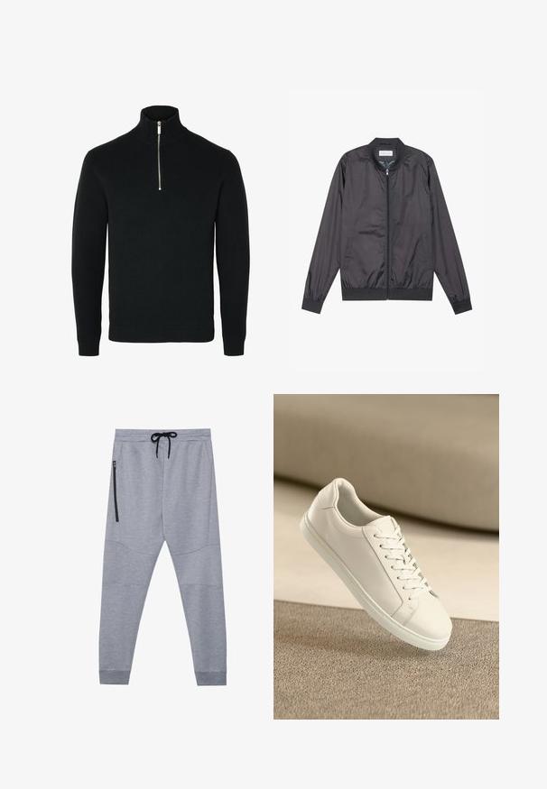 Schwarze Bomberjacke aus leichtem, glattem Material mit Reißverschluss, geripptem Kragen, Bündchen und Saum; bietet Seitentaschen.; Schwarzer langärmeliger Strickpullover mit einem gerippten hohen Kragen und einem silberfarbenen Halbreißverschluss in der vorderen Mitte.; Graue Jogginghosen aus weichem Stoff mit einem Kordelzugbund, schmal zulaufenden Beinen und einer seitlichen Reißverschlusstasche für sicheren Stauraum.; Weißes Leder Sneaker mit weißen Schnürsenkeln, auf einer beigefarbenen strukturierten Oberfläche präsentiert, und einem sanft verschwommenen Hintergrund.