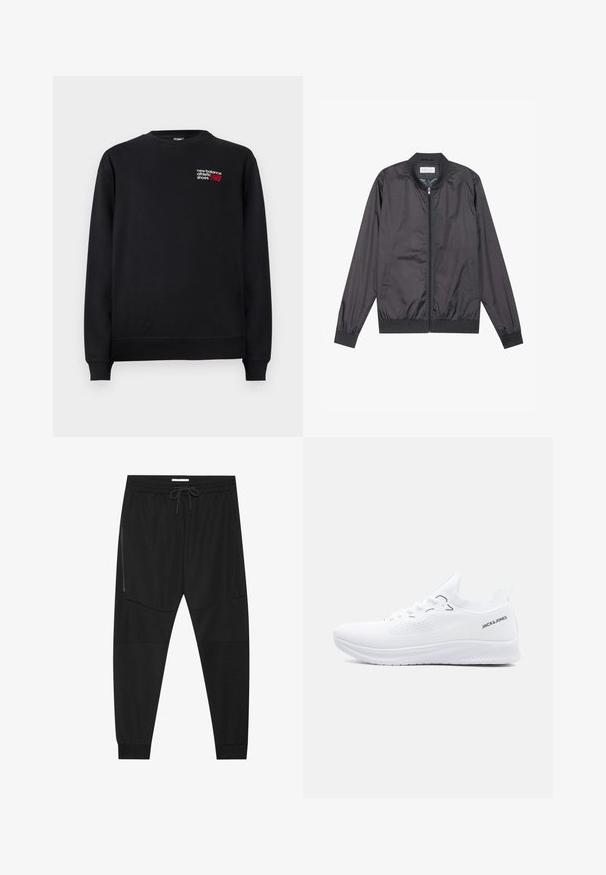 Sort bomberjakke lavet af let, glat materiale med lynlåslukning, ribbet krave, manchetter og kant; har sidelommer.; Sort sweatshirt lavet af bomuldsblanding, med rund hals, ribbede manchetter og et lille rødt og hvidt "New Balance"-logo på brystet.; Sorte træningsbukser lavet af tekstureret stof, med justerbar talje, lynlåslomme på siden og tapered cuffs.; Hvid strikket lavtop-sneaker med tekstureret sål, snørelukning foran og "JACK & JONES" logo på hælkantens side.