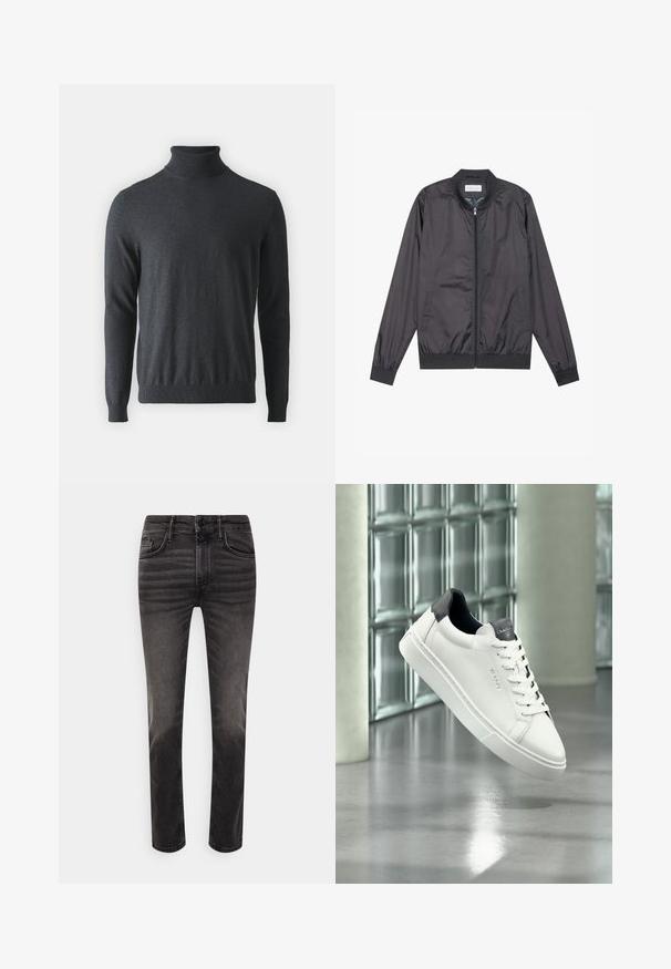 Chaqueta bomber negra hecha de un material ligero y suave con cierre de cremallera, cuello, puños y dobladillo acanalados; cuenta con bolsillos laterales.; Jersey de cuello alto en gris oscuro, hecho de un material de punto acanalado suave. Presenta mangas largas y una cintura ajustada, con un diseño de cuello alto.; Jean denim negro con diseño de pierna recta, que incluye pasadores para cinturón, cierre de botón en el frente y un ligero desgastado en la tela.; Zapatilla de cuero blanca con talón y lengüeta negras, diseño con cordones, marcado GANT en el lateral y la lengüeta, exhibida en un ambiente interior moderno.