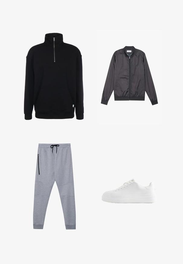 Veste bomber noire en matériau léger et lisse avec fermeture éclair, col, poignets et ourlet côtelés ; elle dispose de poches latérales.; Sweatshirt noir à col zippé avec manches longues, texture douce, poche avant et petit logo vert à l'ourlet.; Pantalons de jogging gris en tissu doux avec taille élastique à cordon, jambes fuselées et poche zippée sur le côté pour un rangement sécurisé.; Baskets basses blanches avec semelle épaisse, lacets à l’avant et petits trous de ventilation sur le côté, montrées en profil latéral.