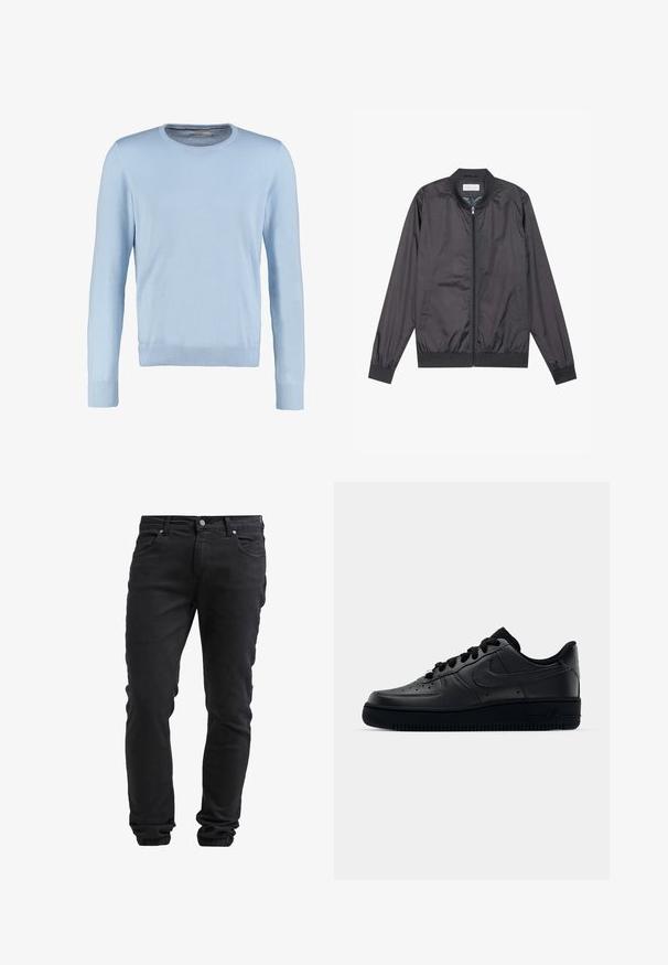 Sort bomberjakke lavet af let, glat materiale med lynlåslukning, ribbet krave, manchetter og kant; har sidelommer.; Lyseblå langærmet sweater med rund halsudskæring. Har en glat tekstur og ribbede manchetter og kant. Klassisk, tætsiddende design.; Sorte slim-fit jeans med knap- og lynlås-lukning, fem lommer og elastiske manchetter ved anklerne.; Sort Nike Air Force 1 sneaker med en glat læderoverdel, perforeret tå for åndbarhed, sorte snørebånd og en textured gummisål.