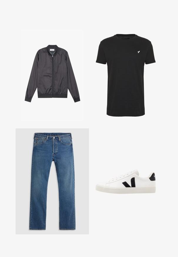 Mustad must jacket, mis on valmistatud kergest ja siledast materjalist, lukuga kinnitamine, ribiga krae, mansetid ja alläär; külgedel on taskud.; Must t-särk, millel on lühikesed varrukad, on must ja valmistatud puuvillast, ümar kaelus ja väikene valge linnu logo vasakul rinnakorvil.; Sinised sirged jalad denim teksad viie tasku, vöökonksude ja esisepp- ning lukuga tavalise tausta peal.; Valge nahast tennis, millel on mustast sametist detailid; omab kummist tallato, ümmargust nina ja klassikalist nööpidega kinnihoidmist. Külgmine logo musta värviga.