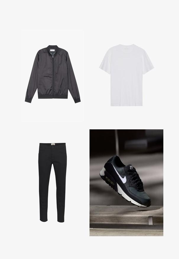 Veste bomber noire en matériau léger et lisse avec fermeture éclair, col, poignets et ourlet côtelés ; elle dispose de poches latérales.; T-shirt en coton blanc à manches courtes, col rond et texture lisse. Présente un branding minimal au niveau du col.; Pantalon noir en tissu solide, avec une coupe standard, un design à cinq poches et une fermeture à bouton. Élégant et polyvalent.; Baskets Nike Air Max noires et grises avec un logo blanc, suspendues au-dessus d'une surface en béton sur un fond sombre flou.