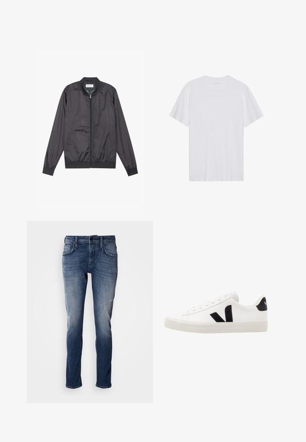 Sort bomberjakke lavet af let, glat materiale med lynlåslukning, ribbet krave, manchetter og kant; har sidelommer.; Hvid bomulds T-shirt med korte ærmer, rund hals og en glat tekstur. Har minimal branding på halsudskæringen.; Antony Morato KURT COMFORT - Jeans Tapered Fit - blue denim; Hvide lædersneakers med sorte ruskindsdetaljer; har en gummisål, rund tå og klassisk snørebåndsdesign. Side logo i sort.