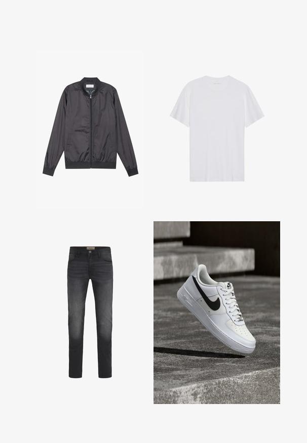 Sort bomberjakke lavet af let, glat materiale med lynlåslukning, ribbet krave, manchetter og kant; har sidelommer.; Hvid bomulds T-shirt med korte ærmer, rund hals og en glat tekstur. Har minimal branding på halsudskæringen.; Mørk denimjeans med slim fit, der har en knaplukning, fem lommer og en let falmende effekt på lårene.; Hvid Nike Air Force 1-sneaker med sort swoosh, snørebånd bundet, placeret i luften over tekstureret betonoverflade udendørs.