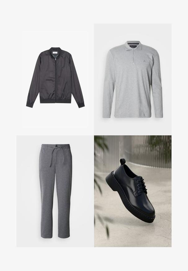 Chaqueta bomber negra hecha de un material ligero y suave con cierre de cremallera, cuello, puños y dobladillo acanalados; cuenta con bolsillos laterales.; Polo de manga larga en color gris, confeccionado en tela suave, con cierre de media cremallera, cuello clásico y un pequeño logo en el pecho.; Pantalones de chándal grises hechos de una tela suave, con una cintura ajustable con cordón, piernas rectas y un diseño simple, sin adornos.; Zapato de piel negra con punta redondeada, diseño con cordones y suela de goma gruesa con un borde texturizado. Acabado elegante y hardware minimalista.