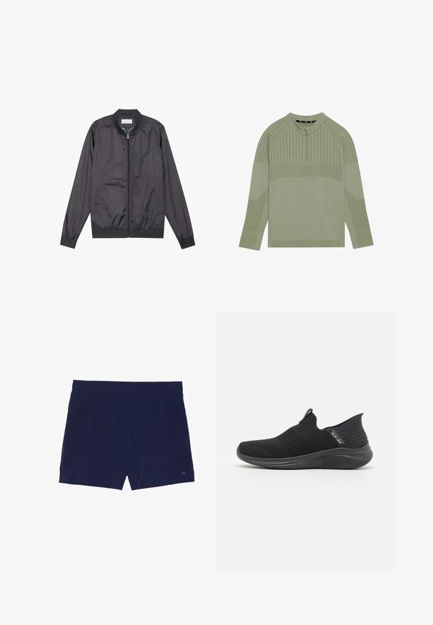 Mustad must jacket, mis on valmistatud kergest ja siledast materjalist, lukuga kinnitamine, ribiga krae, mansetid ja alläär; külgedel on taskud.; Heled roheline pika varrukaga pluus, millel on veerandi tõmbluku krae, ribakujuline tekstuur ja triibud varrukatel ja kehal.; Tumedate sinised ujumispüksid, mis on valmistatud kerge tekstuuri materjalist, elastse vöökoha ja kahe küljetaskuga säilitamiseks.; Mustad mustavad sussid, millel on hingav võrgusilma ülemine osa, tekstuuriga disain, paindlik talla ja sile, pehme jalapadi.