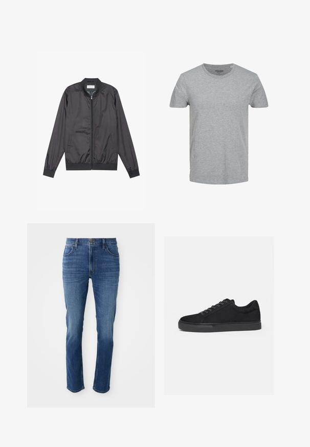 Veste bomber noire en matériau léger et lisse avec fermeture éclair, col, poignets et ourlet côtelés ; elle dispose de poches latérales.; T-shirt gris à manches courtes en coton doux. Doté d'un col ras du cou classique et d'une coupe régulière. Design simple sans motifs ni accents.; Jean en denim bleu avec une coupe droite, cinq poches et une fermeture éclair. Présente une décoloration subtile et des coutures contrastantes le long des coutures.; Baskets basses noires avec fermeture à lacets à l'avant et semelle en caoutchouc plate, vues de profil sur fond blanc.
