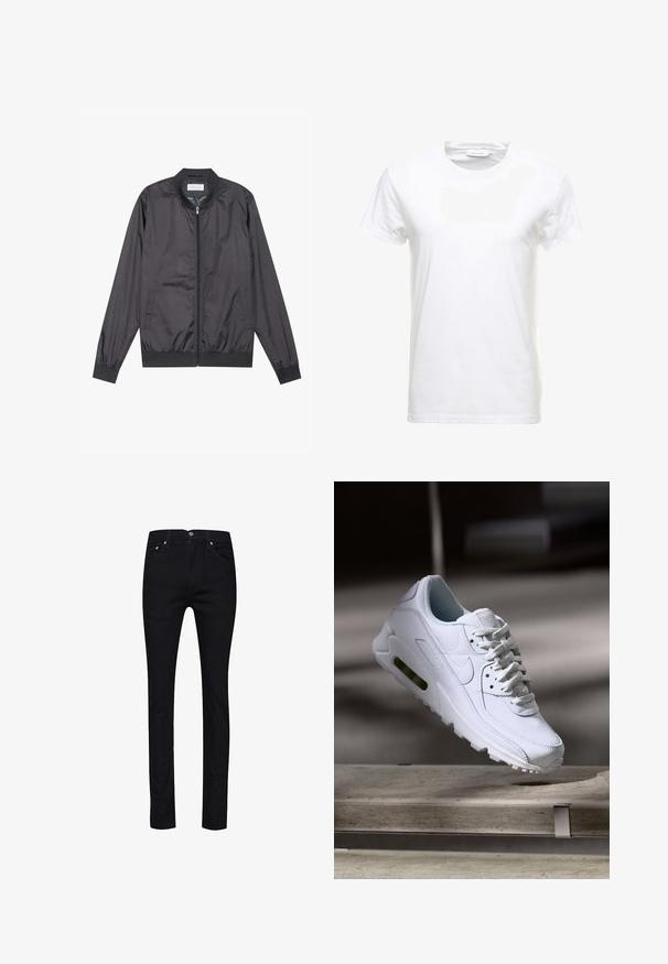 Sort bomberjakke lavet af let, glat materiale med lynlåslukning, ribbet krave, manchetter og kant; har sidelommer.; Hvid bomulds T-shirt med korte ærmer, rund halsdesign og en glat tekstur. Etiket synlig ved halsudskæringen. Enkel og klassisk stil.; Sorte jeans lavet af denim med en lige pasform, fem lommer, metal knapper og en enkelt baglomme med syningsdetaljer.; Hvide lædersneakers med teksturerede overflader, polstret krave og synlig luftpolstring i sålen. Har snørrebånd og et minimalistisk design.