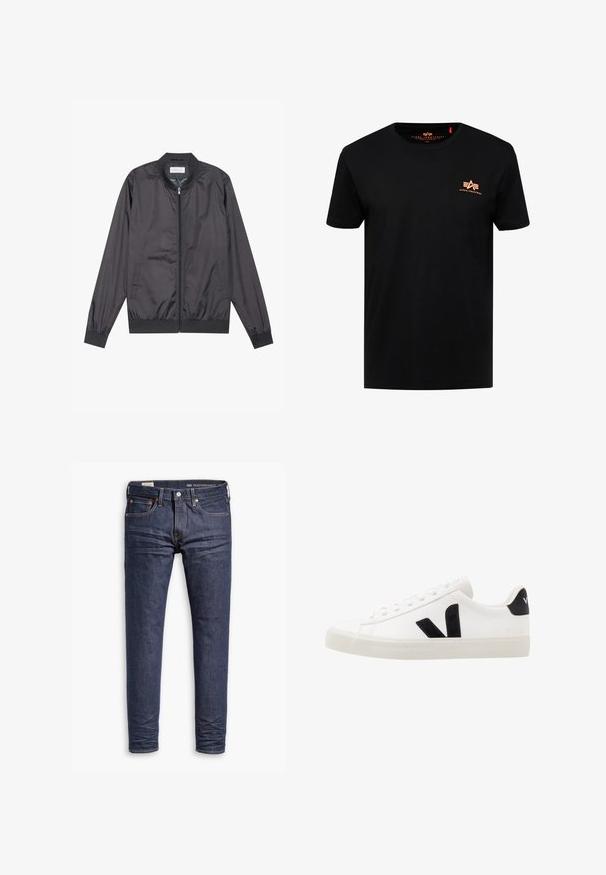 Veste bomber noire en matériau léger et lisse avec fermeture éclair, col, poignets et ourlet côtelés ; elle dispose de poches latérales.; T-shirt noir à manches courtes avec col rond, petit logo orange « Alpha Industries » sur le côté gauche de la poitrine et étiquette à l'intérieur du col.; Jean slim-fit Levi's Performance bleu foncé avec cinq poches et coutures visibles sur fond blanc.; Sneaker blanche en cuir avec des accents en daim noir ; dispose d'une semelle en caoutchouc, d'un bout rond et d'un design classique à lacets. Logo latéral en noir.