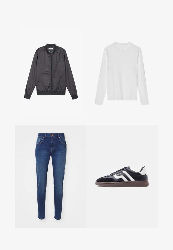 Μαύρο bomber jacket φτιαγμένο από ελαφρύ, λείο υλικό, με κλείσιμο φερμουάρ, ριμπ λαιμό και μανίκια, και ριμπ στρίφωμα; διαθέτει πλαϊνές τσέπες.; Λευκό μακρυμάνικο μπλουζάκι από μαλακό βαμβάκι, με στρογγυλή λαιμόκοψη και ομαλή υφή χωρίς ορατά μοτίβα ή διακοσμητικά στοιχεία.; Σκούρες μπλε τζιν παντελόνες με σχέδιο ίσιας γραμμής, πέντε τσέπες και κλείσιμο με κοκκινωπό κουμπί. Απαλή φθορά προσθέτει υφή.; Μαύρα αθλητικά παπούτσια με σουέντ και συνθετικό υλικό, λευκές διαγώνιες ρίγες και καφέ υφή σόλα. Διαθέτουν κορδόνια και μαξιλαρωμένο γιακά.