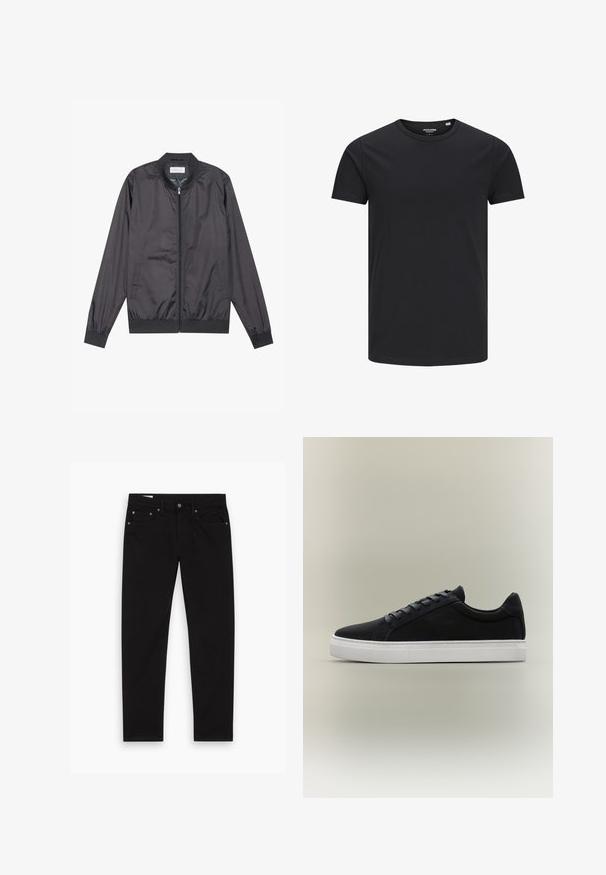 Sort bomberjakke lavet af let, glat materiale med lynlåslukning, ribbet krave, manchetter og kant; har sidelommer.; Sort bomulds T-shirt med rund hals, korte ærmer og et enkelt design. Glat tekstur, ingen mønstre eller synligt tilbehør.; Sorte lige ben jeans med for- og baglommer, bæltestropper samt knappeslås og lynlås, lagt fladt på en hvid baggrund.; Sort lavsko-sneaker med hvid gummisål, snøredesign og polstret krave vist på en neutral grå baggrund.
