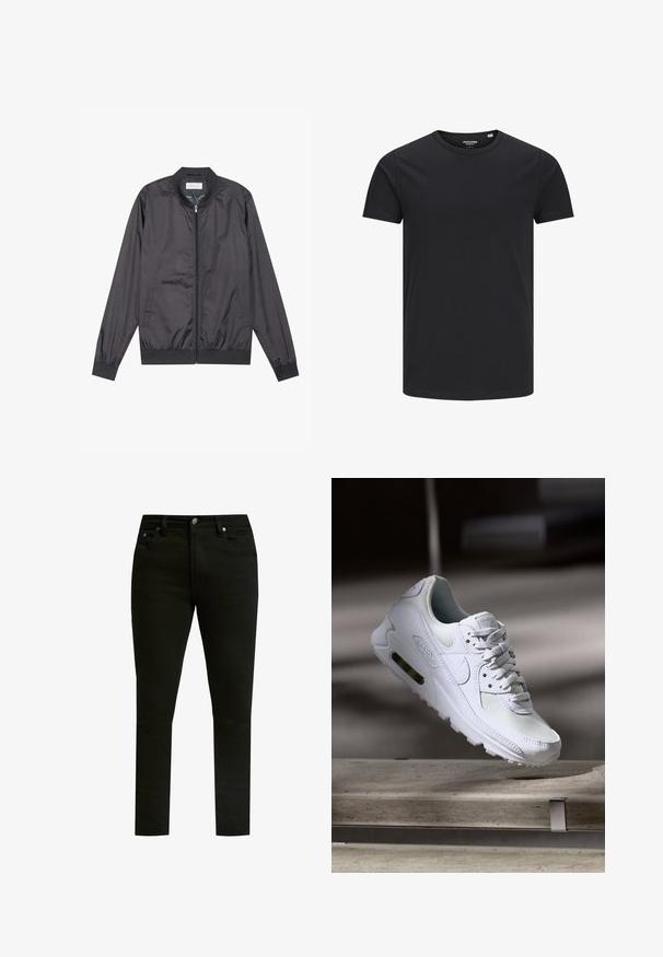 Sort bomberjakke lavet af let, glat materiale med lynlåslukning, ribbet krave, manchetter og kant; har sidelommer.; Sort bomulds T-shirt med rund hals, korte ærmer og et enkelt design. Glat tekstur, ingen mønstre eller synligt tilbehør.; Sorte denim jeans med slim fit, med et klassisk fem-lomme design, metalknap lukning og diskrete syninger.; Hvide Nike Air Max 90 sneakers med en overdel i mesh og læder, perforeret tåboks og en synlig luftenhed i hælen.