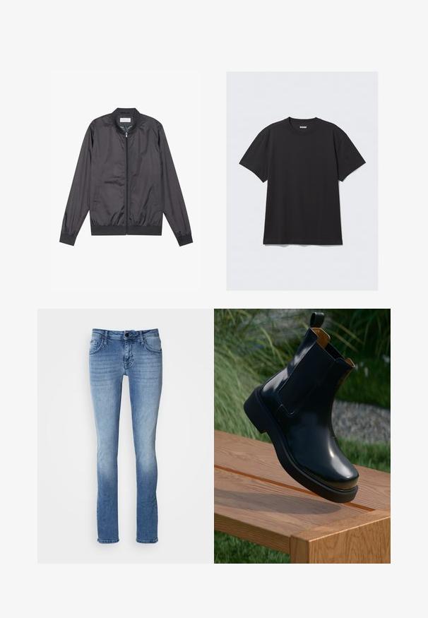 Mustad must jacket, mis on valmistatud kergest ja siledast materjalist, lukuga kinnitamine, ribiga krae, mansetid ja alläär; külgedel on taskud.; Must sõnumit särk lühikeste varrukate ja puuvillase kangaga. Omab ümarat kaelust ja lõdva istuvust. Lihtne disain, ilma mustrite või aktsentideta.; Heledad sinine denimist teksad klassikalise viie taskuga, sirge jalg ja kerge pleekimine. Valmistatud pehmest ja vastupidavast kangast.; Mustast nahast Chelsea saapad sujuva viimistlusega, elastsete külgplaatide, ümarate varvaste ja paksu kummitaldiga, paigutatud puidust pinna kohale.