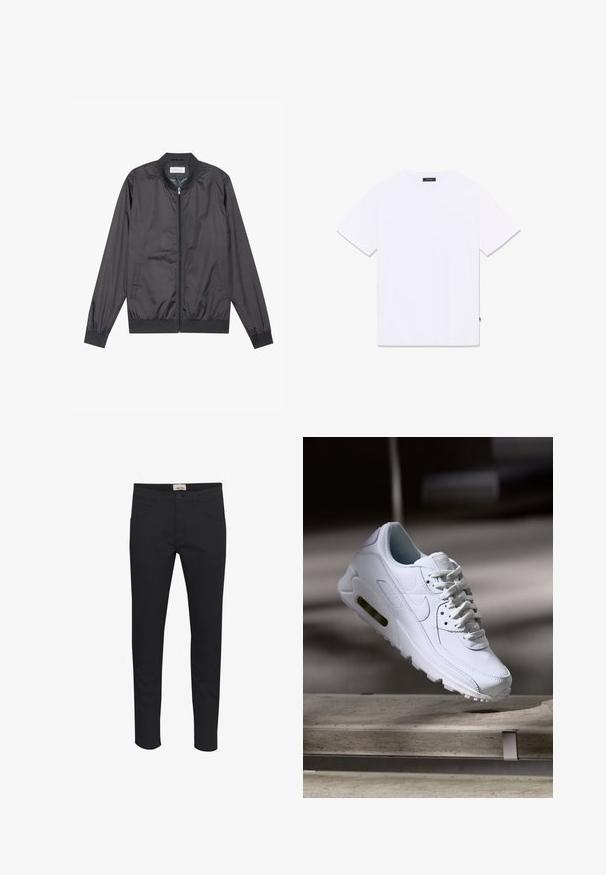 Sort bomberjakke lavet af let, glat materiale med lynlåslukning, ribbet krave, manchetter og kant; har sidelommer.; Hvid T-shirt med korte ærmer og rund hals, vist fladt fra bagsiden, med lille sort label ved halsudskæringen og sidesømmen.; Sorte bukser lavet af solidt stof, med en standard pasform, fem lomme design og en knaplukning. Slank og alsidig.; Hvide lædersneakers med teksturerede overflader, polstret krave og synlig luftpolstring i sålen. Har snørrebånd og et minimalistisk design.