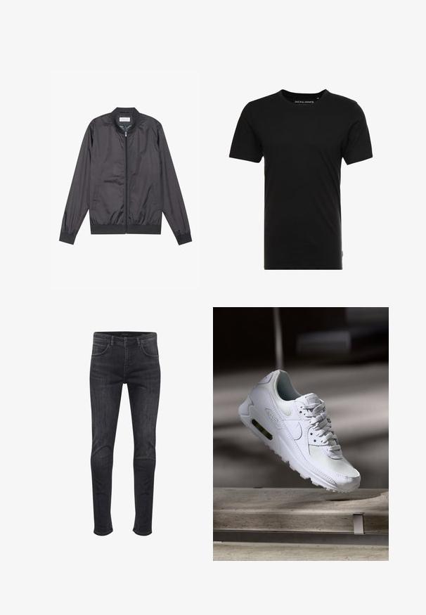 Veste bomber noire en matériau léger et lisse avec fermeture éclair, col, poignets et ourlet côtelés ; elle dispose de poches latérales.; T-shirt noir à manches courtes en coton, avec un col rond et une étiquette logo discrète sur le côté. Design simple et polyvalent.; Jeans skinny-fit en denim gris foncé, avec poches latérales et arrière, une fermeture à bouton à l'avant, et des détails de décoloration subtils.; Sneaker Nike Air Max 90 blanche avec une tige en mesh et cuir, une boîte à orteils perforée et une unité air visible au talon.
