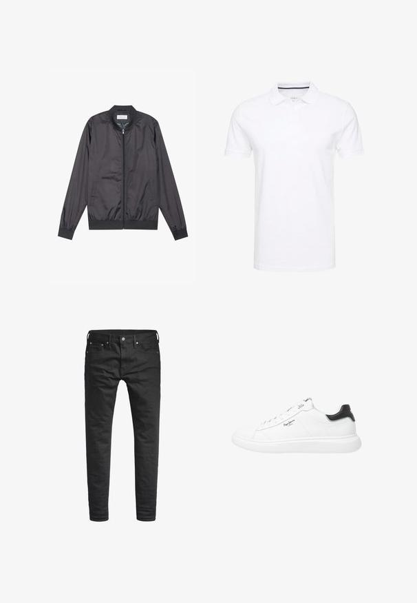 Schwarze Bomberjacke aus leichtem, glattem Material mit Reißverschluss, geripptem Kragen, Bündchen und Saum; bietet Seitentaschen.; Weißes Poloshirt aus Baumwolle, mit einem traditionellen Kragen, kurzen Ärmeln und einer Dreiknopf-Leiste, die innen subtile marineblaue Akzente aufweist.; Schwarze Slim-Fit-Jeans mit Fronttaschen, Gürtelschlaufen und einer Knopfverschluss, vor einem weißen Hintergrund präsentiert.; Weiße niedrige Sneakers aus Leder mit glänzender Oberfläche, versehen mit schwarzen Akzenten an der Ferse, runden Schnürsenkeln und dezentem Seitennähten.