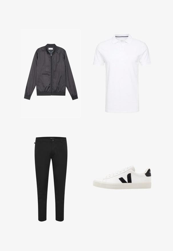 Veste bomber noire en matériau léger et lisse avec fermeture éclair, col, poignets et ourlet côtelés ; elle dispose de poches latérales.; Polo shirt blanc en coton, avec un col traditionnel, des manches courtes et une patte de boutonnage à trois boutons, avec des accents navy discrets à l'intérieur.; Pantalon noir en tissu lisse. Dispose d'une fermeture à bouton, de passants de ceinture, et d'une coupe slim avec des jambes fuselées. Pas de motifs visibles.; Sneaker blanche en cuir avec des accents en daim noir ; dispose d'une semelle en caoutchouc, d'un bout rond et d'un design classique à lacets. Logo latéral en noir.