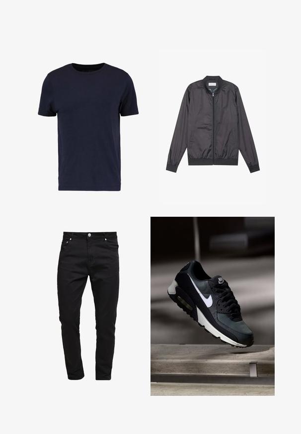Zwarte bomberjack gemaakt van lichtgewicht, glad materiaal met een ritsluiting, ribbelkraag, manchetten en onderrand; beschikt over zijzakken.; Pier One by Zalando T-shirt basic - dark blue; Zwarte spijkerbroeken van denim stof, slim fit ontwerp, vijf-pocket stijl, met metalen knoopsluiting, gestikte details en een zachte textuur.; Zwart-grijze Nike Air Max sneaker met witte swoosh, zwevend boven een betonnen oppervlak tegen een wazige donkere achtergrond.
