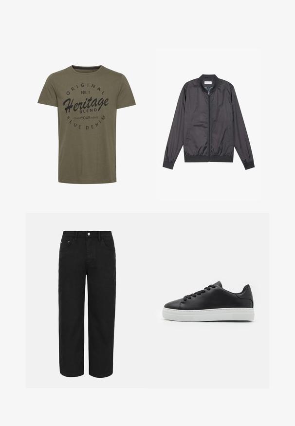 Chaqueta bomber negra hecha de un material ligero y suave con cierre de cremallera, cuello, puños y dobladillo acanalados; cuenta con bolsillos laterales.; Camiseta de algodón verde oliva con cuello redondo, que presenta texto impreso en negro: "Original No. 1 Heritage Blend Claim Your Rights" en un diseño circular.; Pantalones negros de corte recto con cierre frontal de botón y cremallera, trabillas para cinturón y tres bolsillos delanteros sobre un fondo liso y claro.; Zapatilla de cuero negro con punta redonda, suela de goma blanca y cordones negros. Presenta un acabado liso y un diseño minimalista.