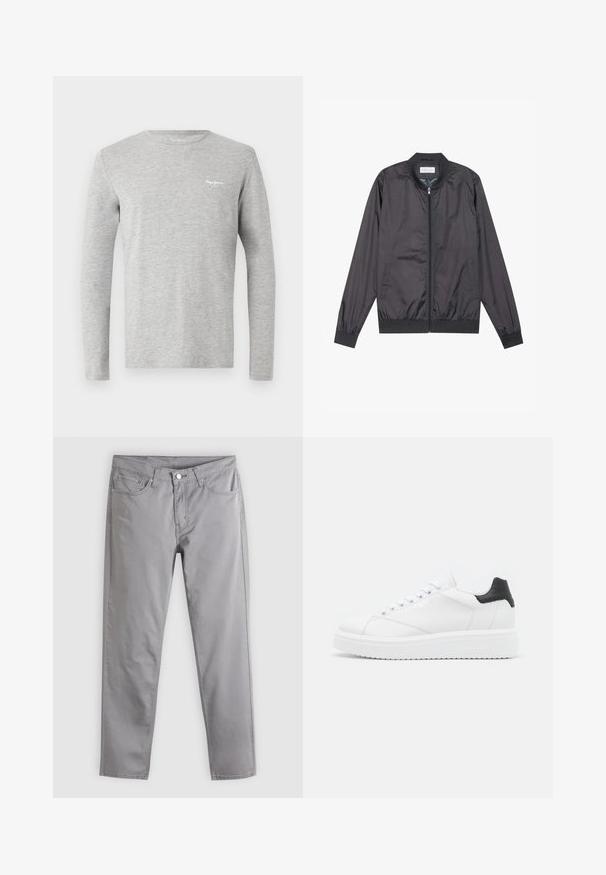 Veste bomber noire en matériau léger et lisse avec fermeture éclair, col, poignets et ourlet côtelés ; elle dispose de poches latérales.; T-shirt gris clair à manches longues avec col rond et petit logo blanc "Pepe Jeans London" sur le côté gauche de la poitrine.; Pantalon gris clair à jambes droites avec bouton et fermeture éclair à l'avant, passants de ceinture, et style à cinq poches, posé à plat sur un fond clair.; Baskets en cuir blanc avec un empiècement noir à l'arrière, lacets plats, semelle intermédiaire texturée et logo sur le côté extérieur. Conçues pour une utilisation décontractée.